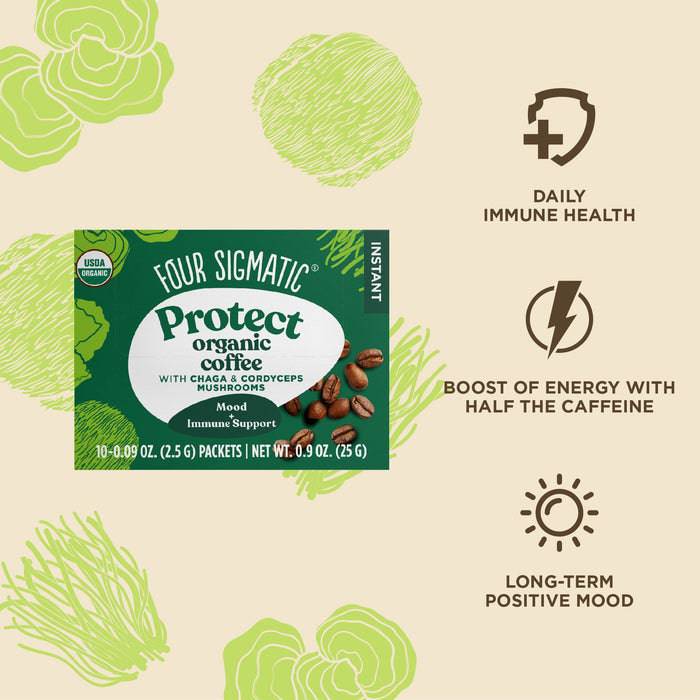 Four Sigmatic Organic Protect instant coffee with Chaga and Cordyceps mushrooms in a sachet, promoting immune support and energy.