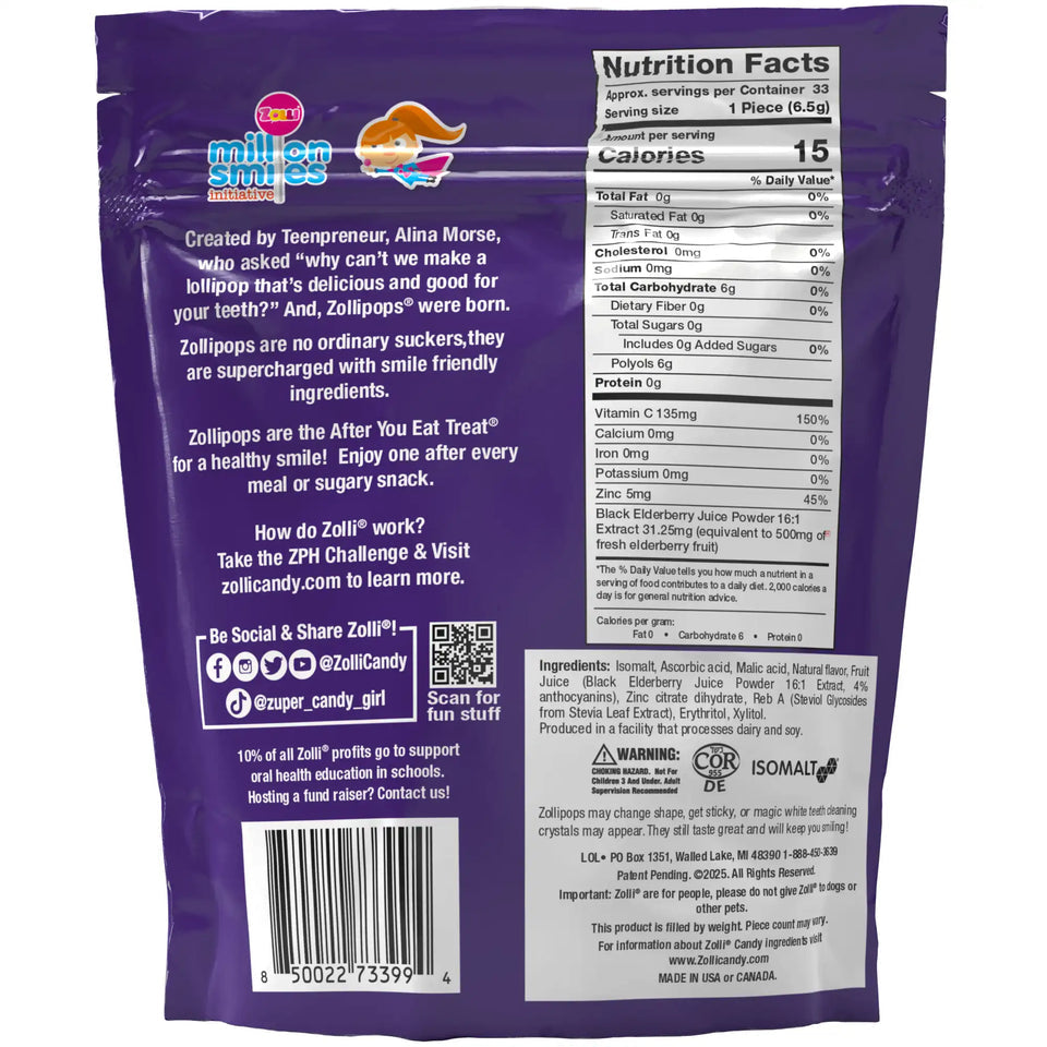 Elderberry Zollipops by Organax Ltd, sugar-free lollipops with vitamin C and zinc, shown in 8oz package, back view.