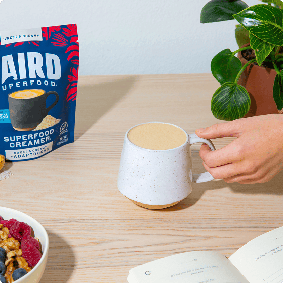 Cup of Laird Sweet & Creamy with Adaptogens Superfood Creamer from Organax Ltd, showing the creamy powder in a cup.
