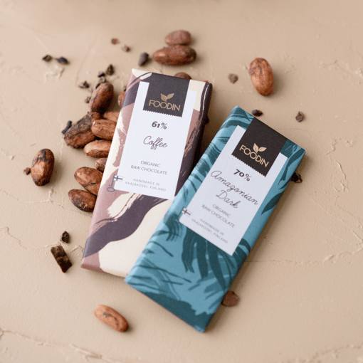 Organic Foodin Raw Dark Chocolate 70% from Amazonian cacao, 40g bar by Organax Ltd, with a close-up of the chocolate piece.