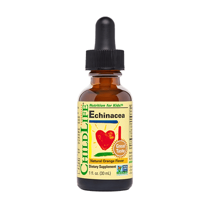 Childlife Essentials Echinacea Orange 30ml glass dropper bottle by Organax Ltd, front view with orange labeling.