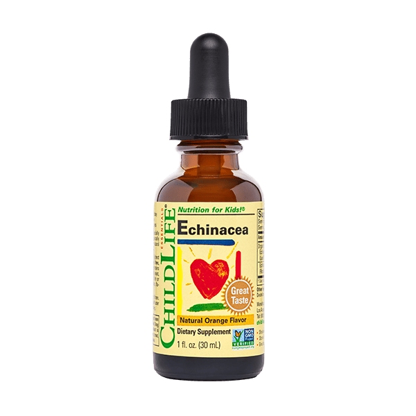 Childlife Essentials Echinacea Orange 30ml glass dropper bottle by Organax Ltd, front view with orange labeling.