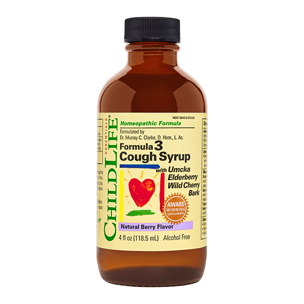 Childlife Essentials Formula 3 Cough Syrup Berry in a 120ml glass bottle, front view showing the label and product packaging.