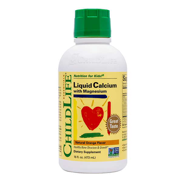 Childlife Essentials Liquid Calcium with Magnesium in orange flavor, 480ml bottle from Organax Ltd, showing the front label.