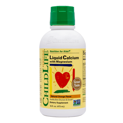 Childlife Essentials Liquid Calcium with Magnesium in orange flavor, 480ml bottle from Organax Ltd, showing the front label.
