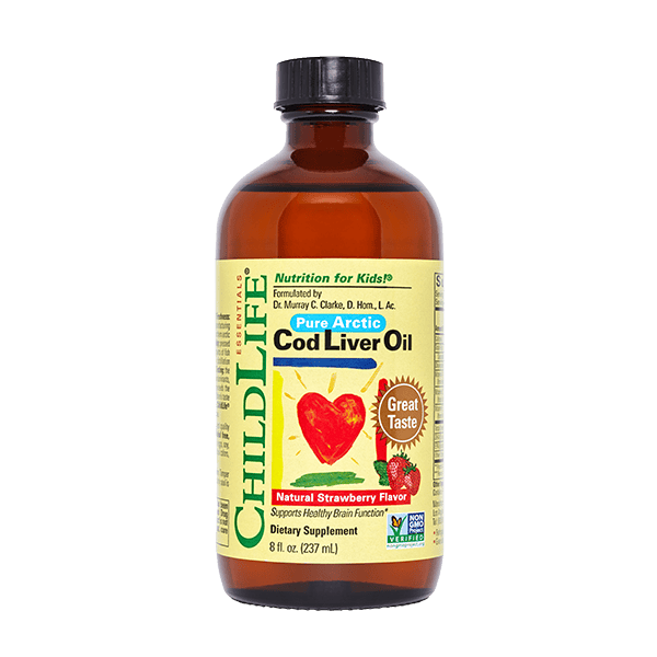 Childlife Essentials Cod Liver Oil in strawberry flavor, 240ml glass bottle, with label visible and product front view.