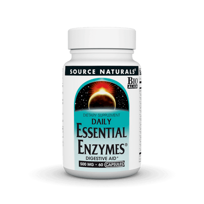 Source Natural Essential Enzymes 500 mg dietary supplement capsules from Organax Ltd, with 60 vegetable capsules in the bottle.