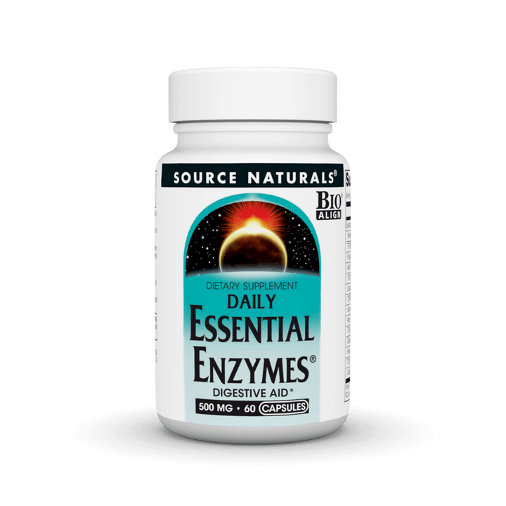 Source Natural Essential Enzymes 500 mg dietary supplement capsules from Organax Ltd, with 60 vegetable capsules in the bottle.