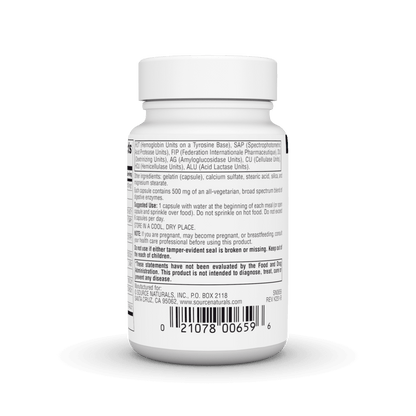 Source Natural Essential Enzymes® 500 mg supplement bottles by Organax Ltd with 60 vegetable capsules on a white background.