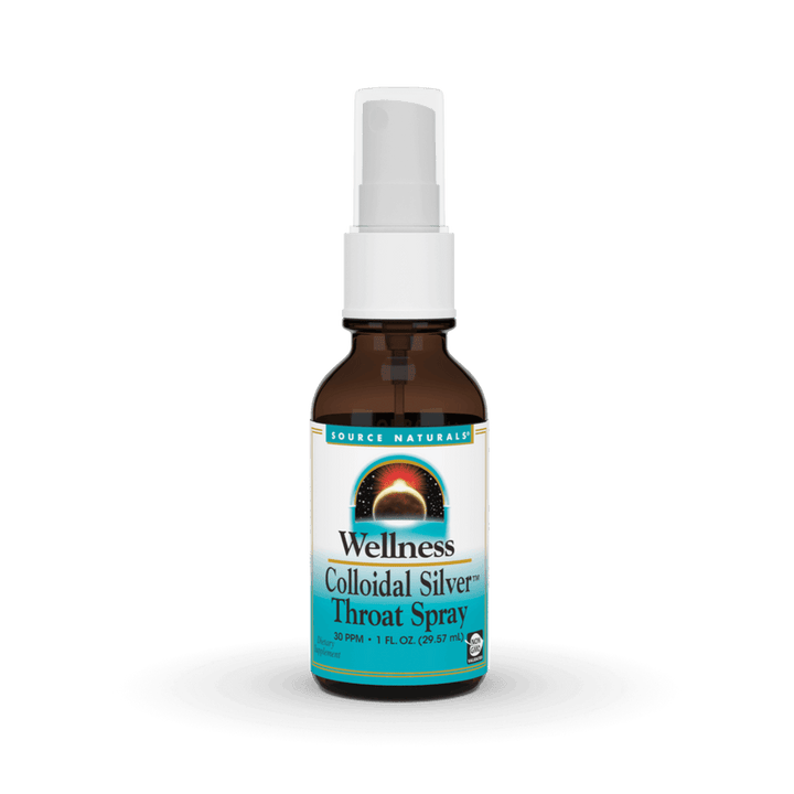 Source Natural Wellness Colloidal Silver throat spray by Organax Ltd, 30 ppm, 29.57ml bottle with spray nozzle.