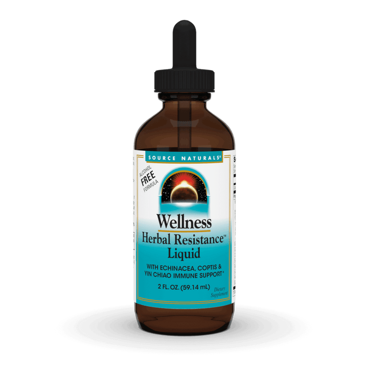 Herbal Resistance liquid supplement by Organax Ltd, alcohol-free formula in a 59.14ml bottle with green herbal ingredients