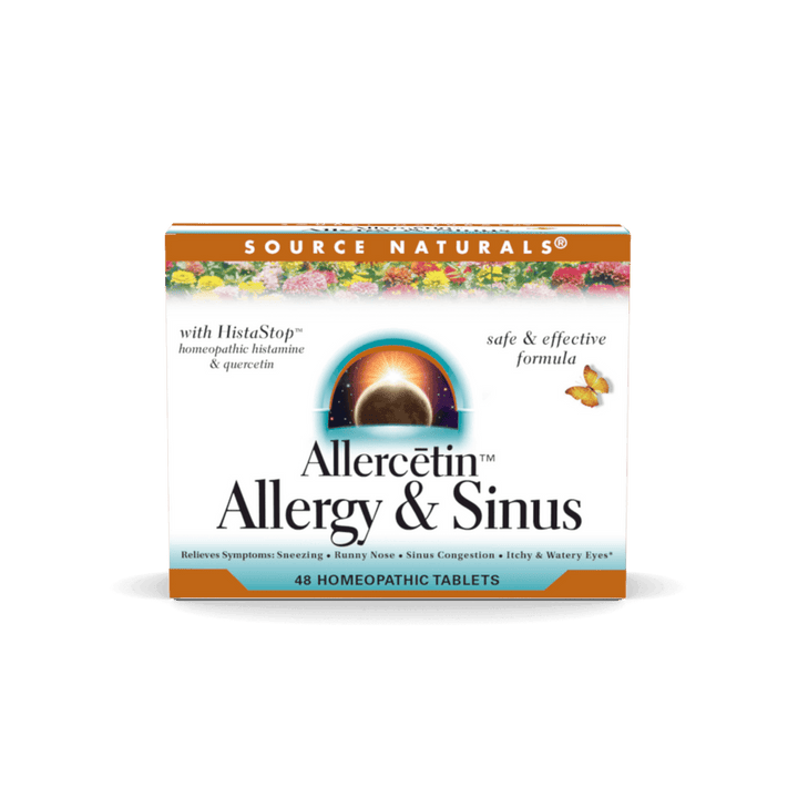Box of Source Natural Allercetin™ Allergy & Sinus 48 tablets by Organax Ltd, showing the packaging with tablets inside.