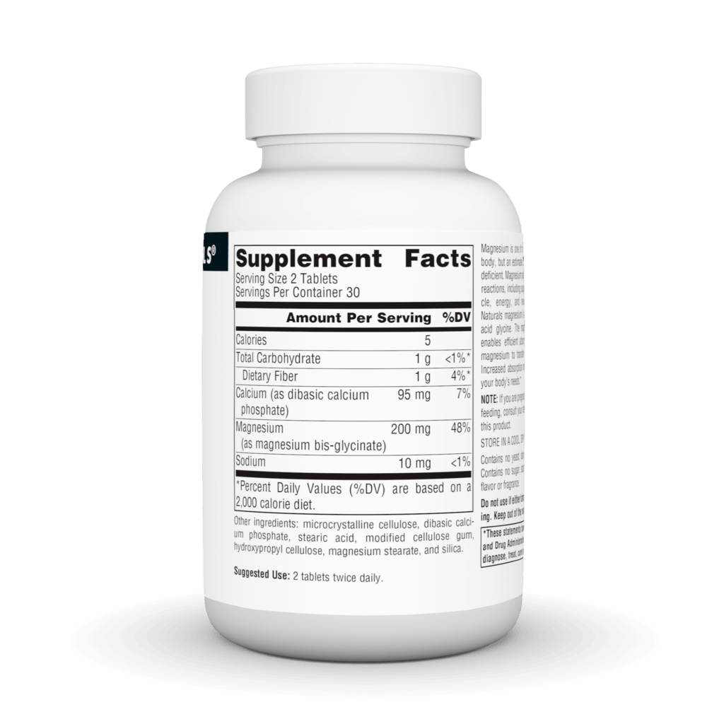 Bottle of Source Natural Magnesium Glycinate 200mg by Organax Ltd with 120 tablets on a white background.