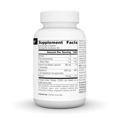 Bottle of Source Natural Magnesium Glycinate 200mg by Organax Ltd with 120 tablets on a white background.