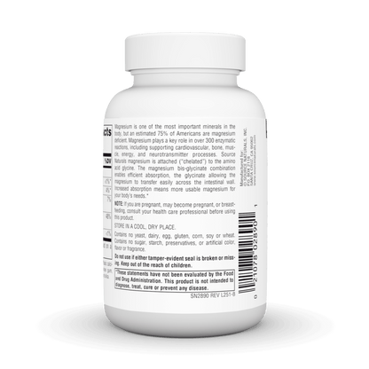 Bottle of Source Natural Magnesium Glycinate 200mg tablets by Organax Ltd, with 120 white tablets in a clear container.