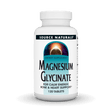 Bottle of Source Natural Magnesium Glycinate 200mg tablets by Organax Ltd, featuring 120 tablets on a white background.