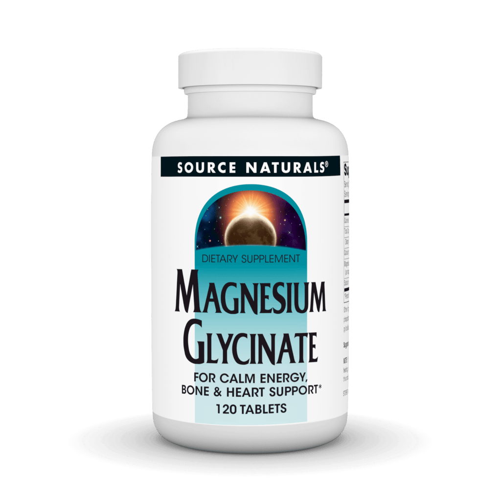 Bottle of Source Natural Magnesium Glycinate 200mg tablets by Organax Ltd, featuring 120 tablets on a white background.