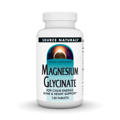 Bottle of Source Natural Magnesium Glycinate 200mg tablets by Organax Ltd, featuring 120 tablets on a white background.