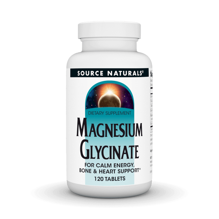 Bottle of Source Natural Magnesium Glycinate 200mg tablets by Organax Ltd, featuring 120 tablets on a white background.
