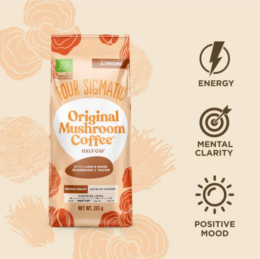 Organic Half Caffeine Ground Coffee bag by Four Sigmatic, showing 283g packaging and label with brewing instructions.