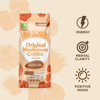 Organic Half Caffeine Ground Coffee bag by Four Sigmatic, showing 283g packaging and label with brewing instructions.