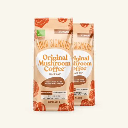 Organic Half Caffeine Ground Coffee from Four Sigmatic in 283g bag, featuring 13 servings of rich, aromatic coffee.