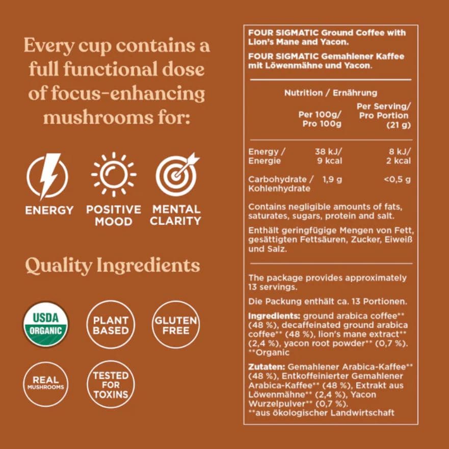 Organic Half Caffeine Ground Coffee bag by Four Sigmatic, showing 283g package with 13 servings and natural coffee beans image.