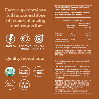 Organic Half Caffeine Ground Coffee bag by Four Sigmatic, showing 283g package with 13 servings and natural coffee beans image.