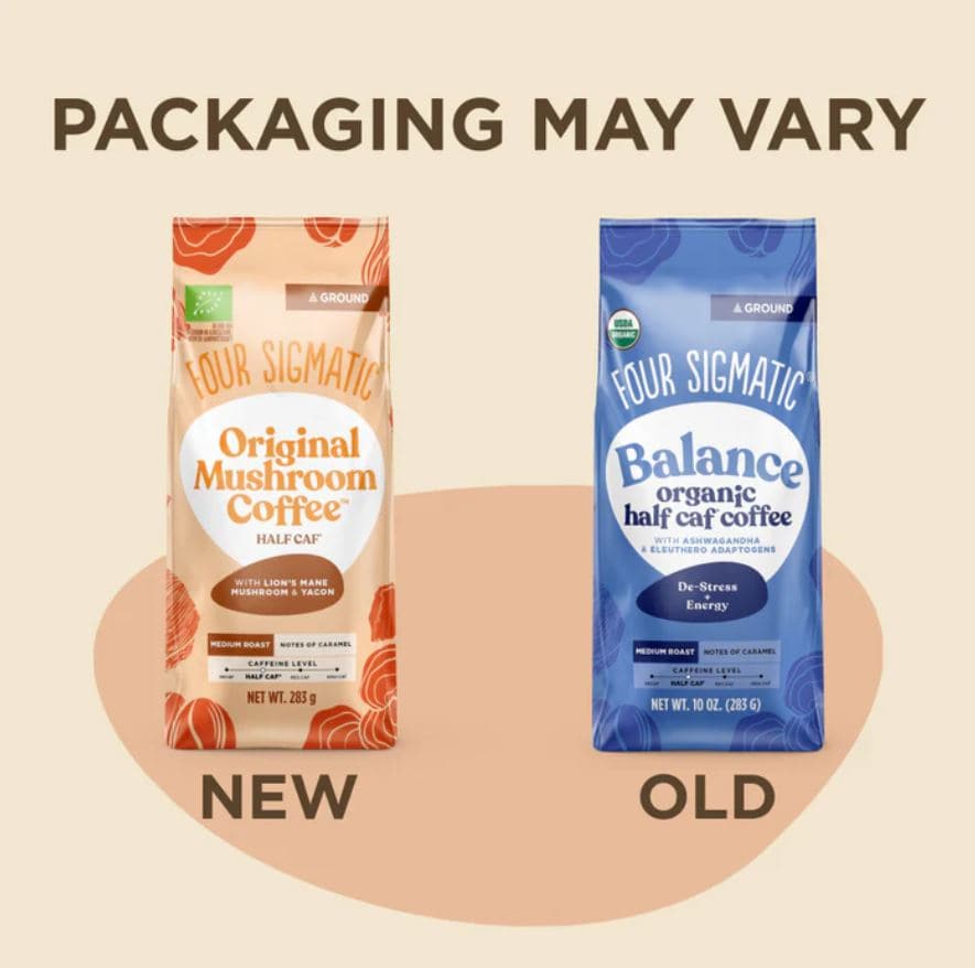 Organic Half Caffeine Ground Coffee from Four Sigmatic in a 283g bag with 13 servings, by Organax Ltd.