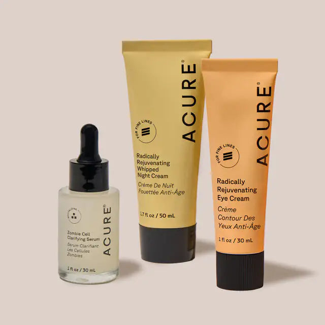 ACURE Skin Longevity Night Trio skincare set with creams and serums, featuring natural ingredients for healthy nighttime skin.