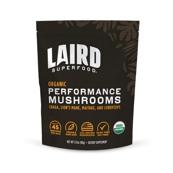 Organic performance mushrooms from LAIRD by Organax Ltd in a 90g package, shown in a clear, close-up image.