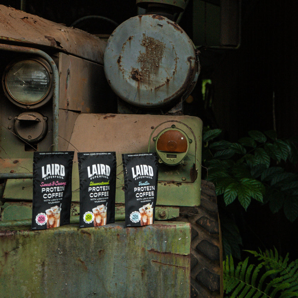 Laird Sweet & Creamy Protein Coffee with Lion's Mane by Organax Ltd, 150g jar, showing the coffee packaging with branding and product label.