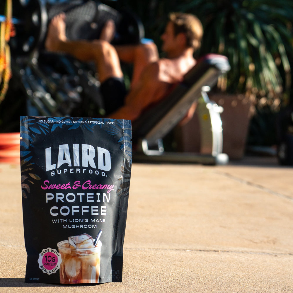Laird Sweet & Creamy Protein Coffee with Lion's Mane by Organax Ltd, 150g jar with coffee and supplement ingredients visible