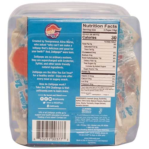ZOLLIPOPS Assorted Fruit Flavors 1lb Tub - Organax Ltd