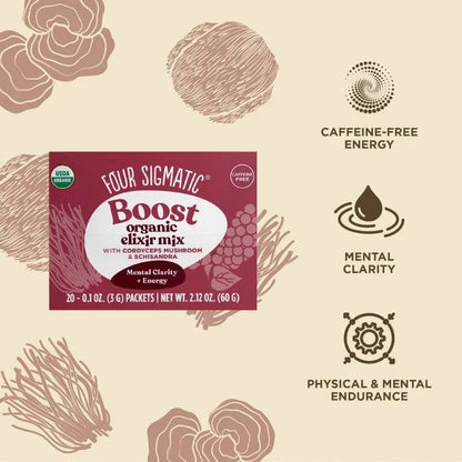 Organic Boost Elixir with Cordyceps sachets by Organax Ltd, showing the product packaging and sachet design.