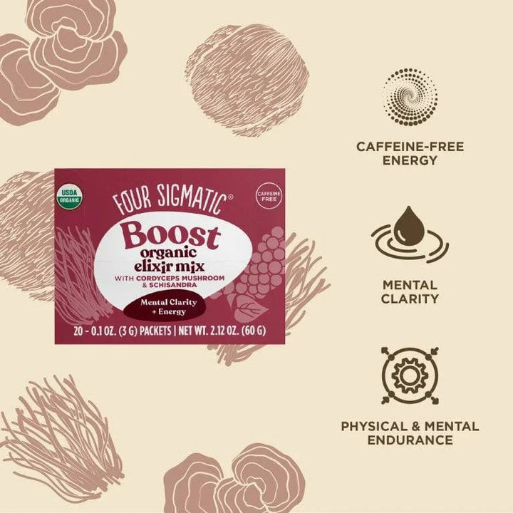 Organic Boost Elixir with Cordyceps sachets by Organax Ltd, showing the product packaging with 20 sachets for natural energy support.