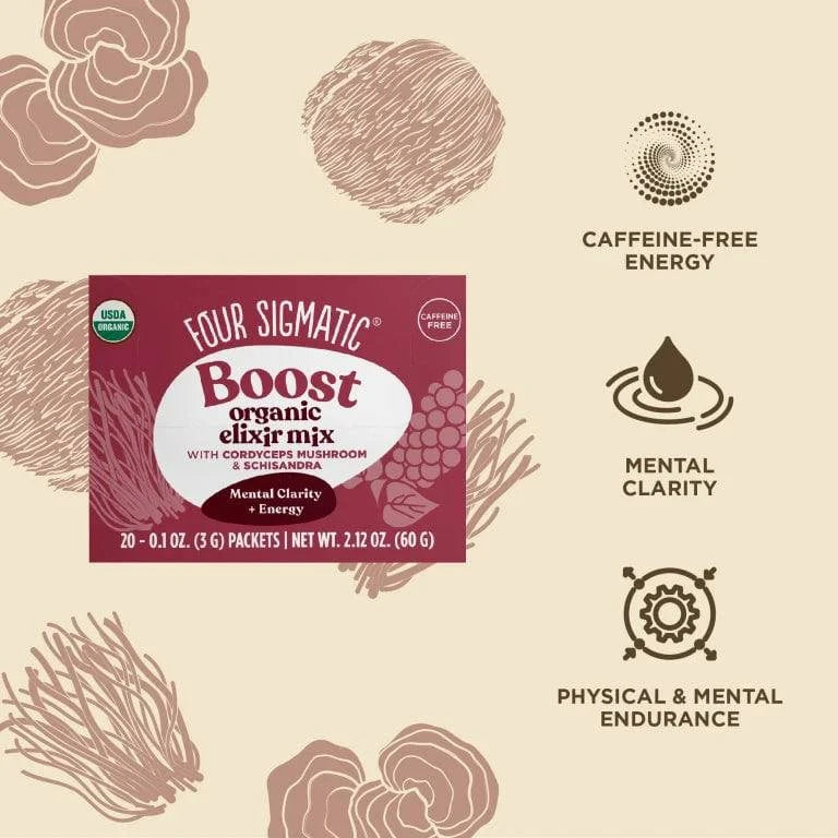 Organic Boost Elixir with Cordyceps sachets by Organax Ltd, showing the product packaging with 20 sachets for natural energy support.
