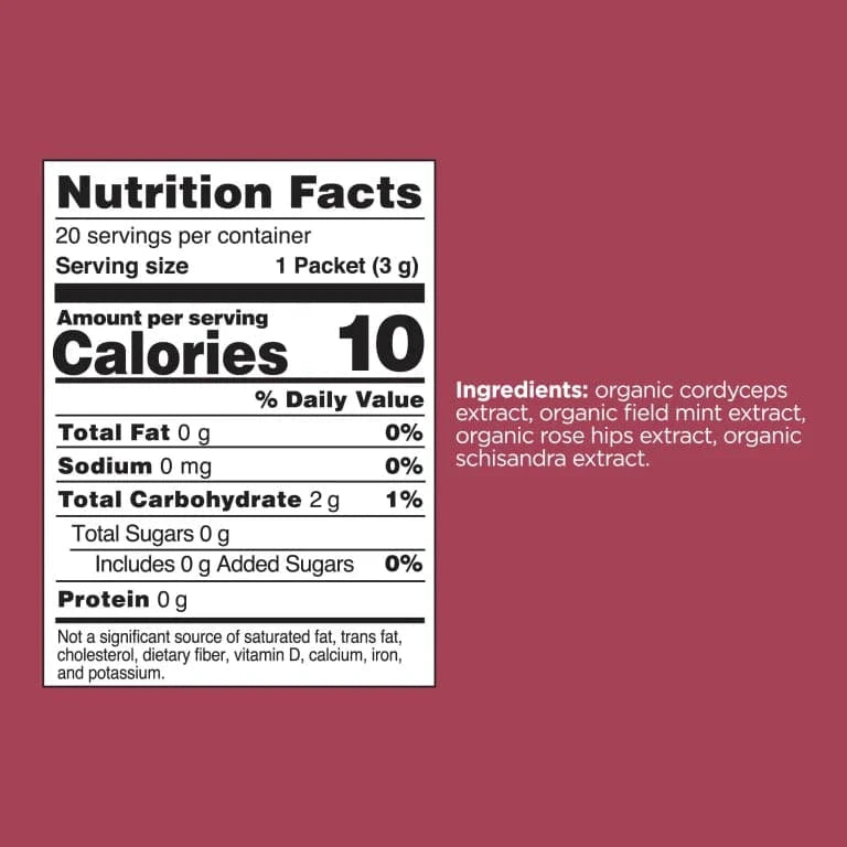 Organic Boost Elixir with Cordyceps sachets by Organax Ltd, featuring a colorful mix and detailed product facts panel.