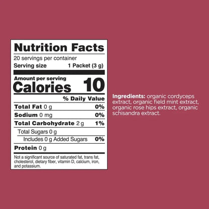 Organic Boost Elixir with Cordyceps sachets by Organax Ltd, featuring a colorful mix and detailed product facts panel.