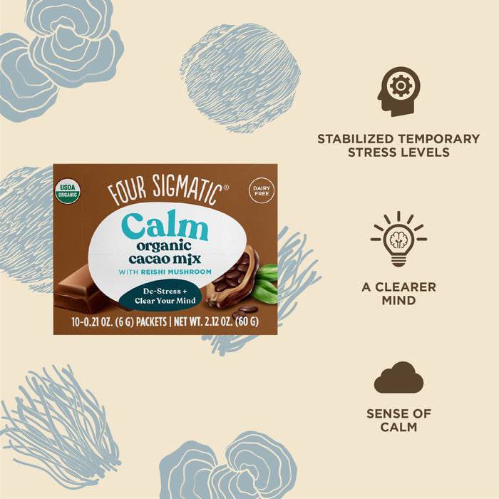 Organic Calm Cacao with Reishi Mushroom sachets by Organax Ltd, showing a box of 10 sachets with cacao and Reishi mushroom ingredients.