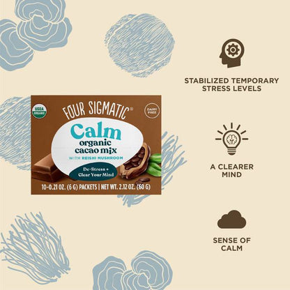 Organic Calm Cacao with Reishi Mushroom sachets by Organax Ltd, showing a box of 10 sachets with cacao and Reishi mushroom ingredients.