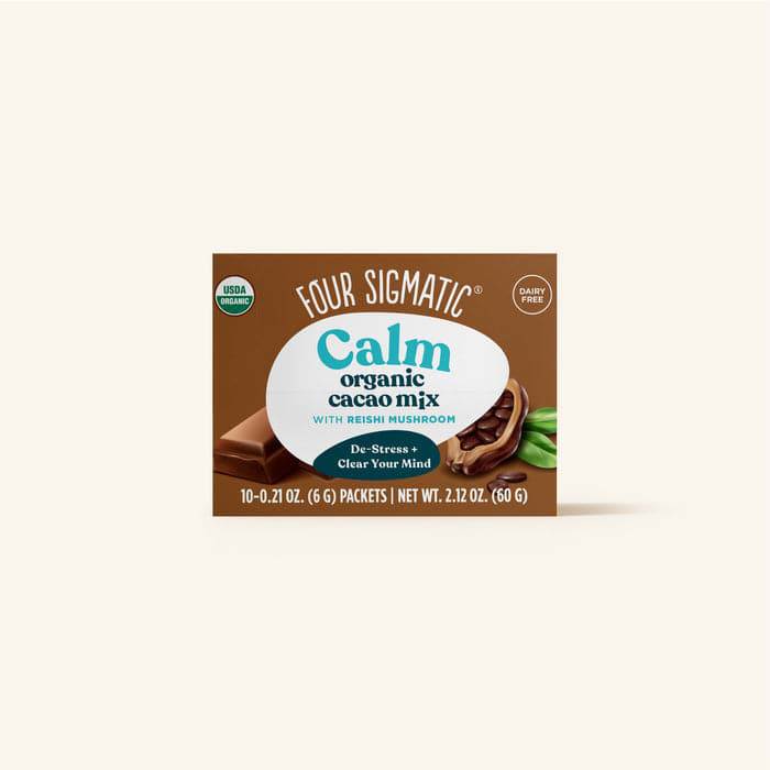Organic Calm Cacao with Reishi Mushroom sachets by Organax Ltd, featuring a box of 10 sachets with cacao, reishi mushroom, and calming herbs.