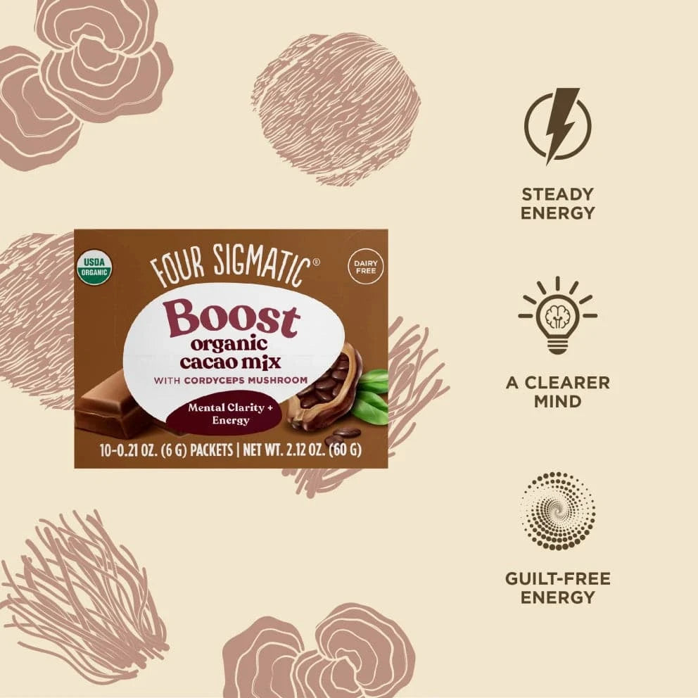 Organic Boost Cacao with Cordyceps mushroom sachets from Organax Ltd, showing cacao powder and mushroom ingredients.