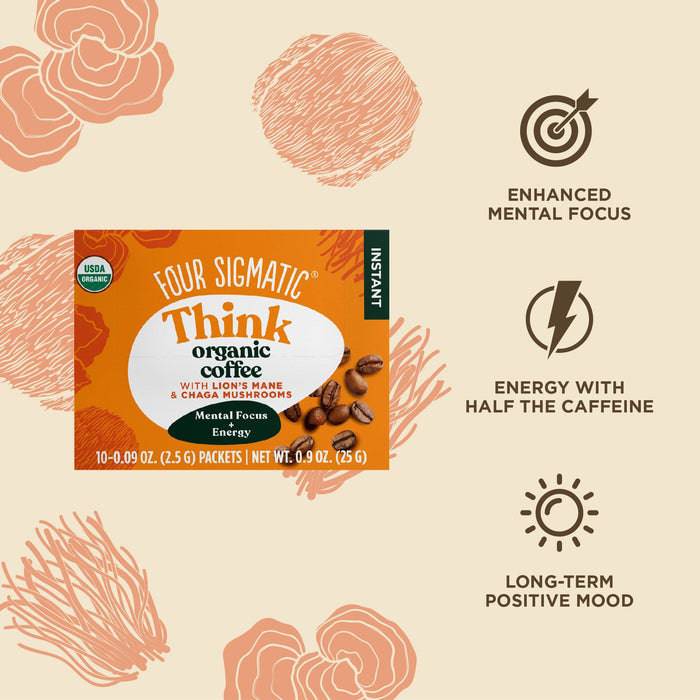 Four Sigmatic Achieve Organic Lion's Mane Instant Coffee box with 10 sachets, featuring half-caf blend and natural mushroom benefits.