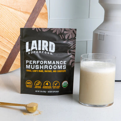 Organic performance mushrooms from LAIRD by Organax Ltd in a 90g package, shown in a clear, close-up image.