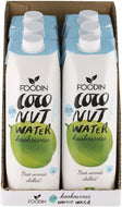 Six bottles of Foodin Organic Coconut Water with Electrolytes by Organax Ltd, 1-liter each, displayed together in clear bottles