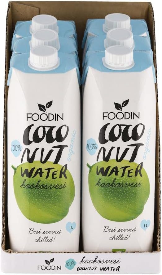 Organic Foodin Coconut Water with Electrolytes, 6-pack of 1-liter bottles, natural hydrating beverage by Organax Ltd.