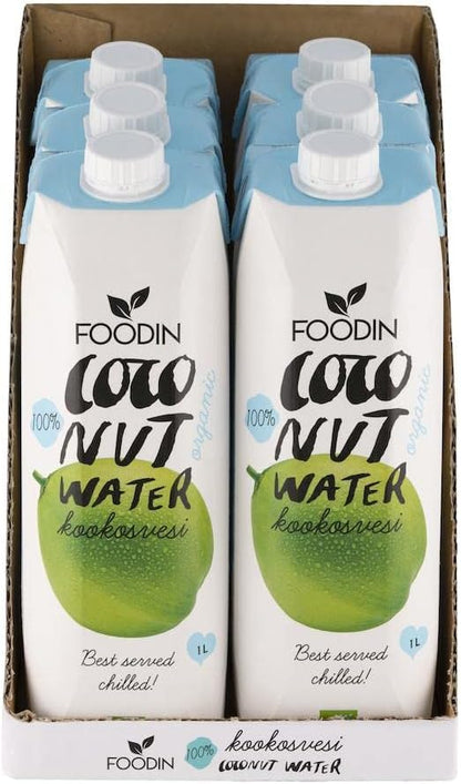 Six bottles of Foodin Organic Coconut Water with Electrolytes by Organax Ltd, 1-liter each, displayed together in clear bottles