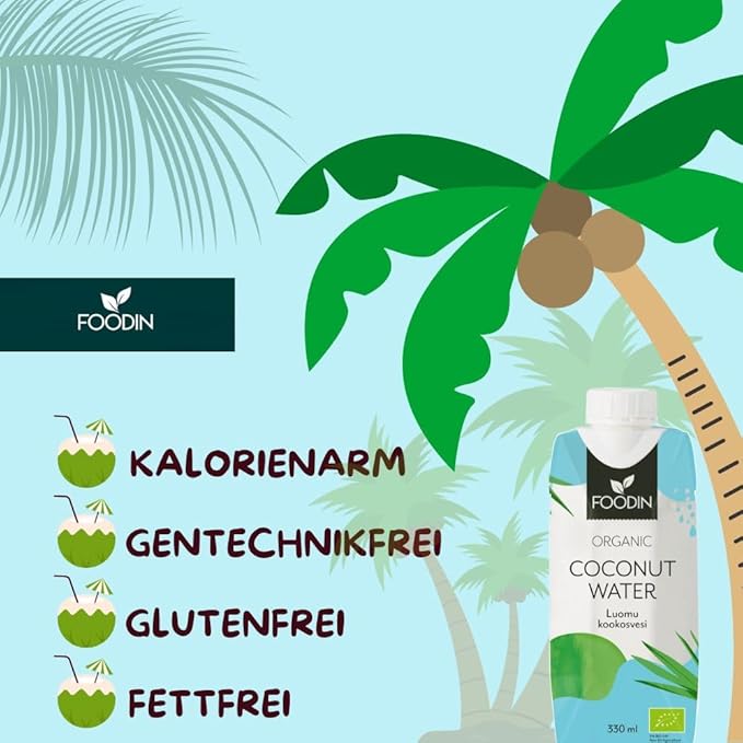 Organic Coconut Water with Electrolytes from Foodin by Organax Ltd, 12-pack of 330ml bottles, fresh and hydrating beverage.