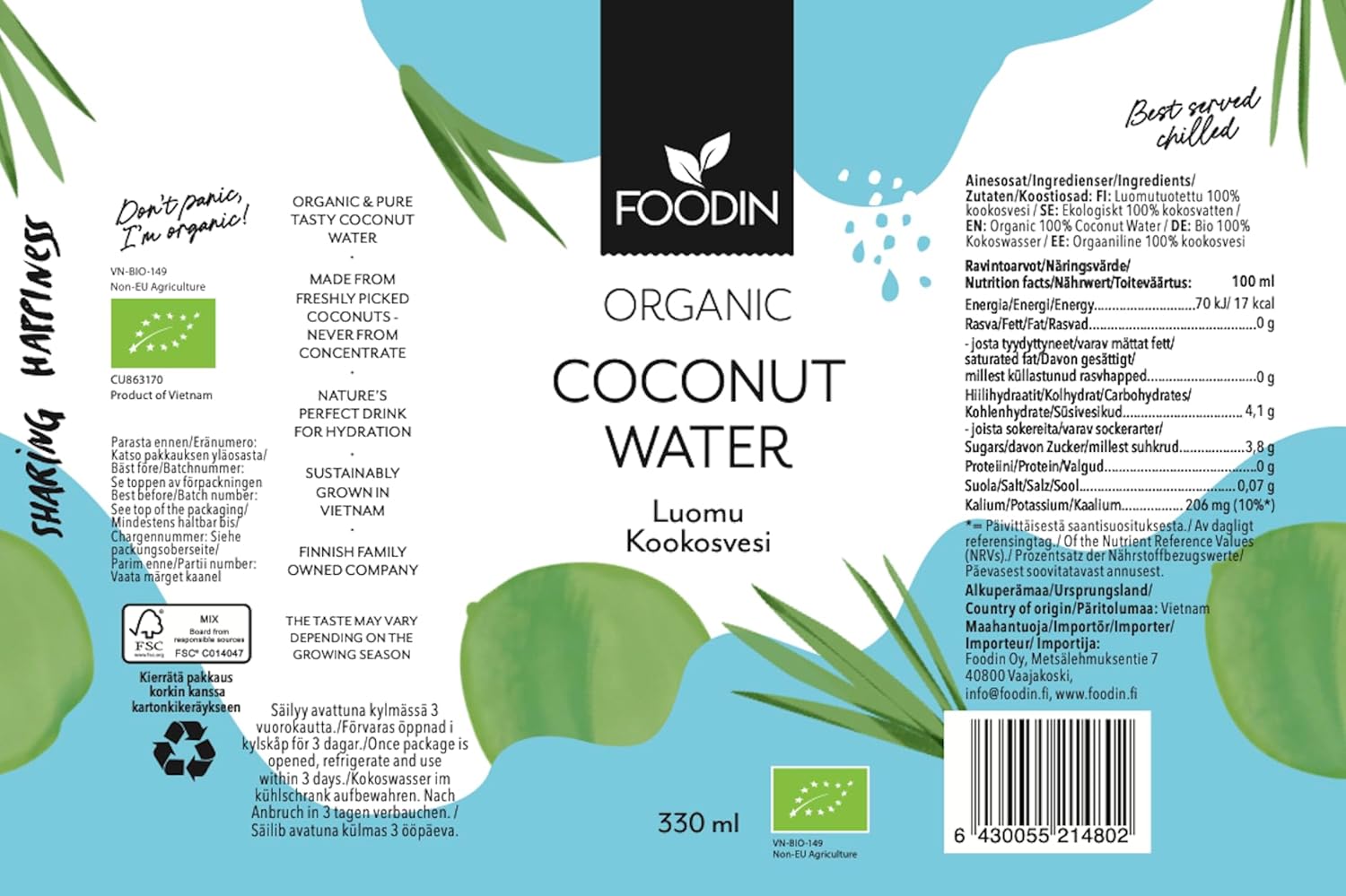 Organic Coconut Water with Electrolytes from Foodin by Organax Ltd, 12-pack of 330ml bottles, fresh and hydrating.